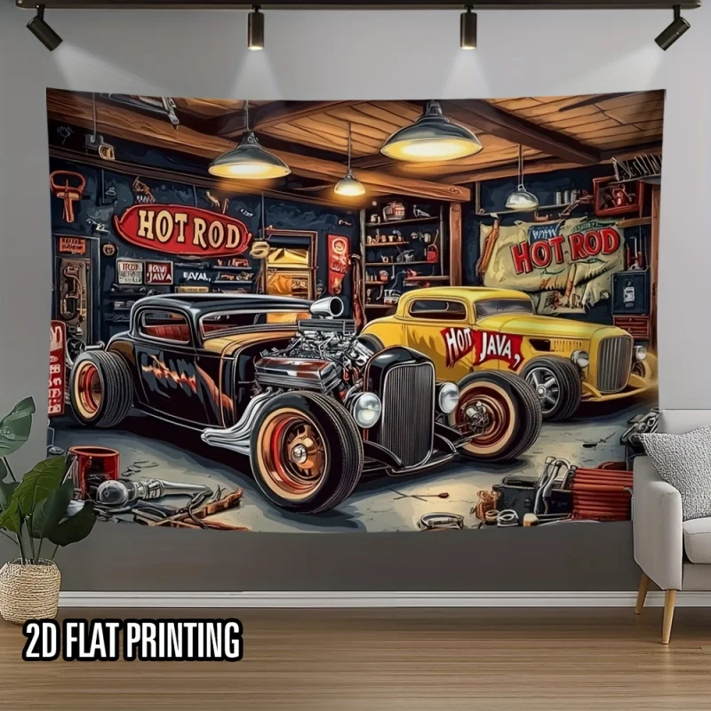 1Vintage Hot Car Garage Fotografie-Hintergrund – Oldtimer-Dekoration, Arbeitsszene-Banner, keine Werkzeuge erforderlich