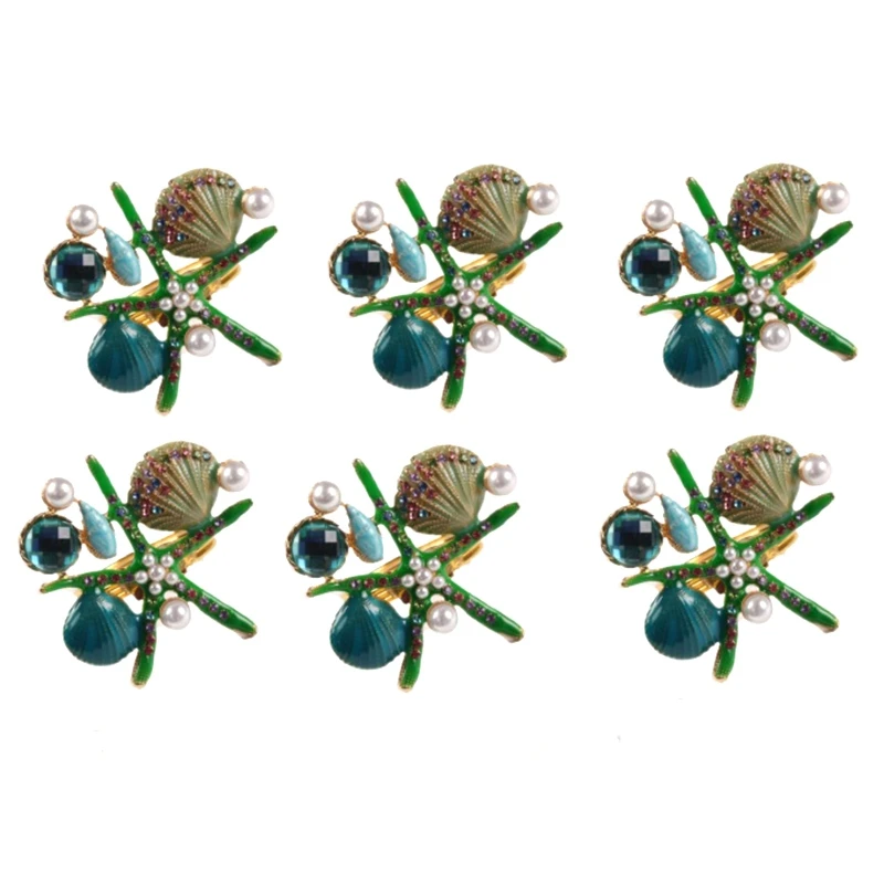 6 Pcs Starfish Napkin Rings,Pearl Rhinestone Ocean Coastal Nautical Napkin Ring Holders Napkin Buckle For Party,Green