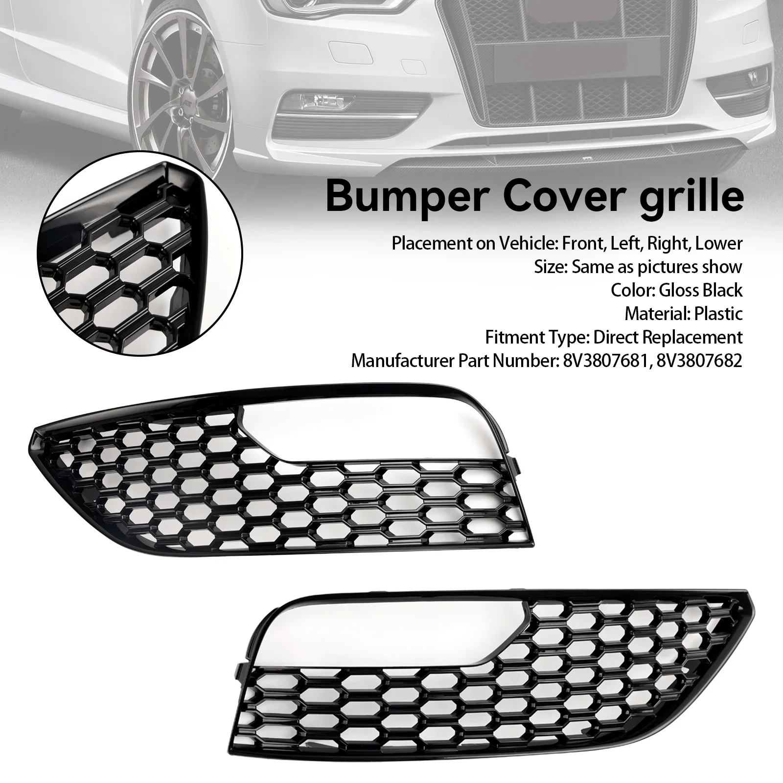 2PCS Front Bumper Fog Light Surround Cover Honeycomb Mesh Grille Replacement For Audi A3 2012-2016 8V3807681 8V3807682