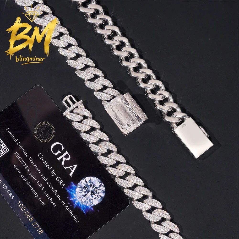 Blingminer 12.6mm 1Row VVS Moissanite Stars Cuban Link Chain Iced Out Necklaces For Men S925 Silver Jewelry Pass Diamonds Tester