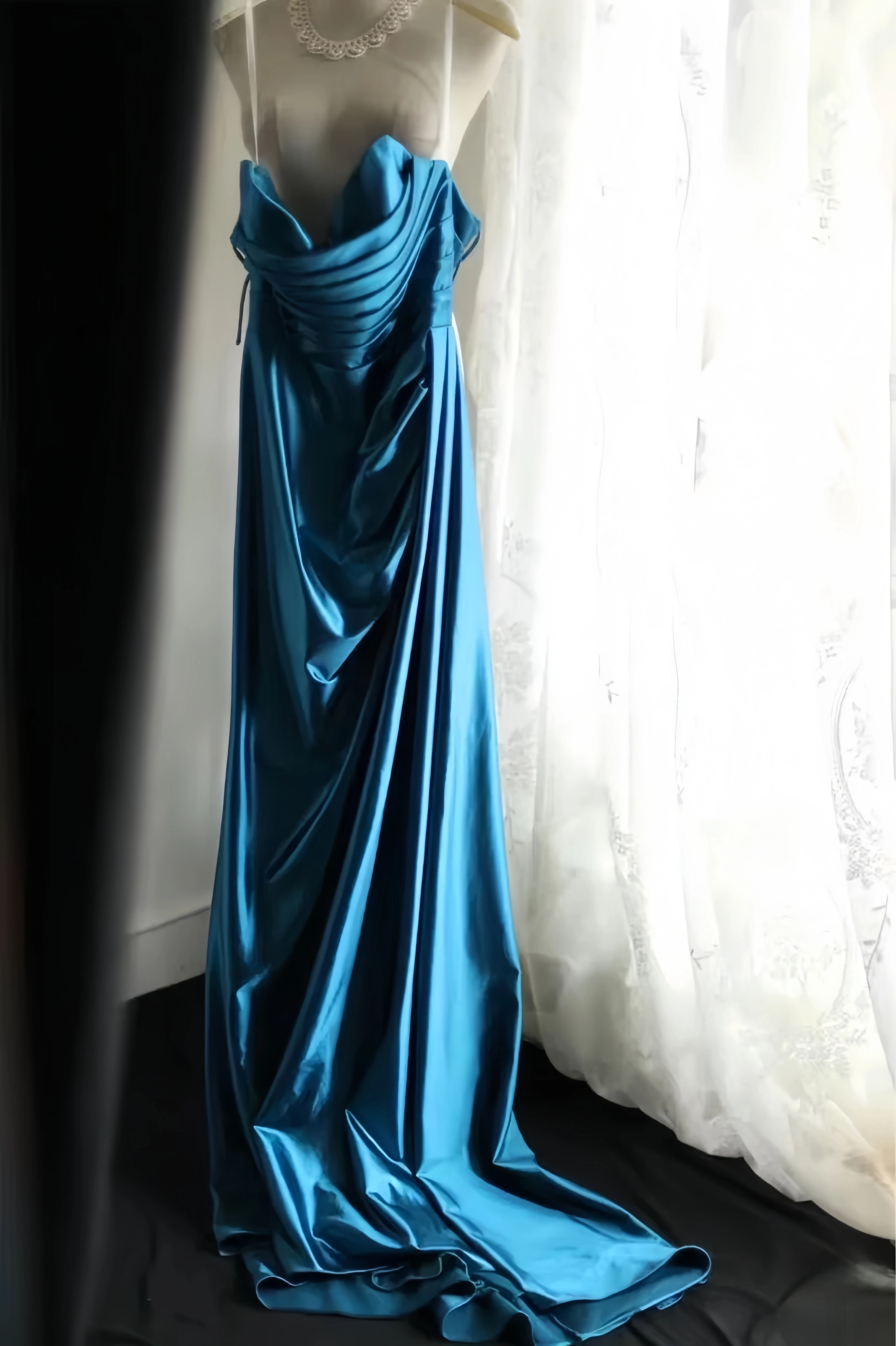 Luxo retro celebridade vestido azul fishtail ruched busto cetim noite alta fenda volta laço adequado senhora noite banquete vestido