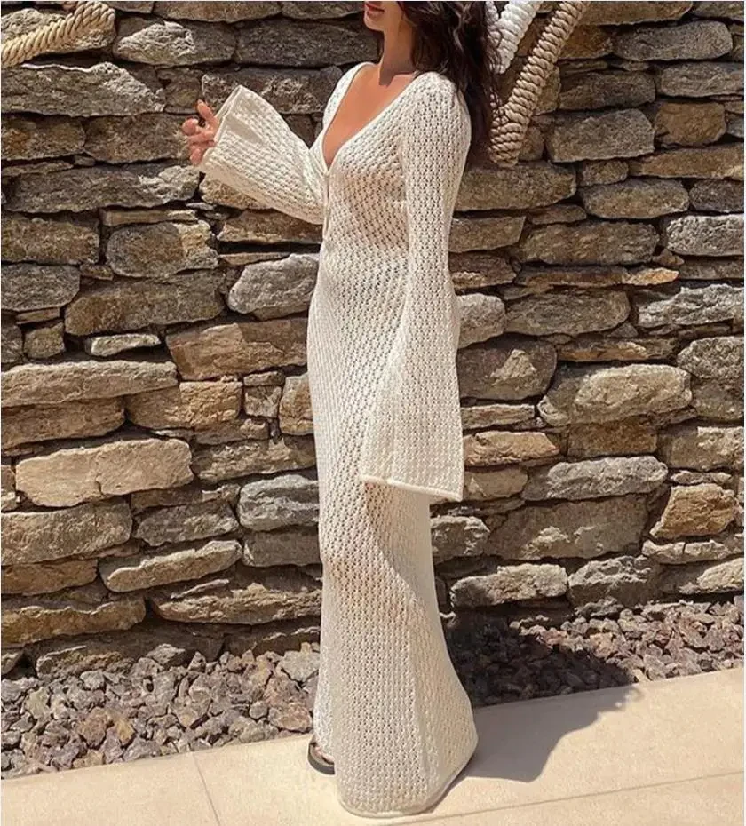 Sexy Women Long Knit Beach Dress Hollow-Out Deep V-Neck Long Sleeve Bikini Cover-Ups Dress Fall Backless Holiday Dress