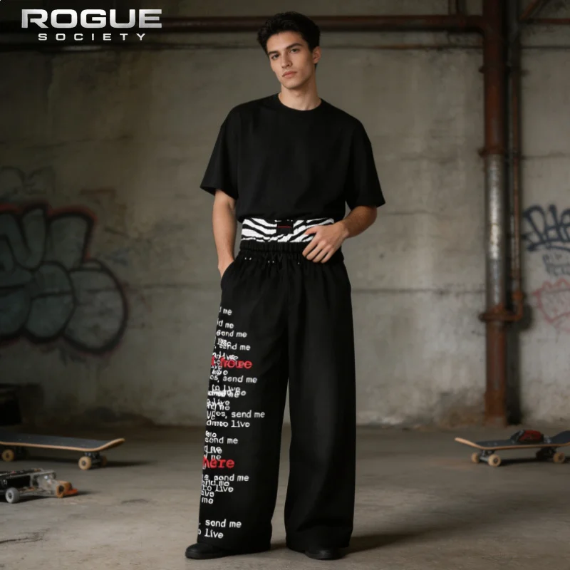 New Casual Grunge Hip Hop Black Letter Print Pants Men Zebra Waistband Streetwear Loose Trousers Punk Gothic Y2k Harajuku Unisex