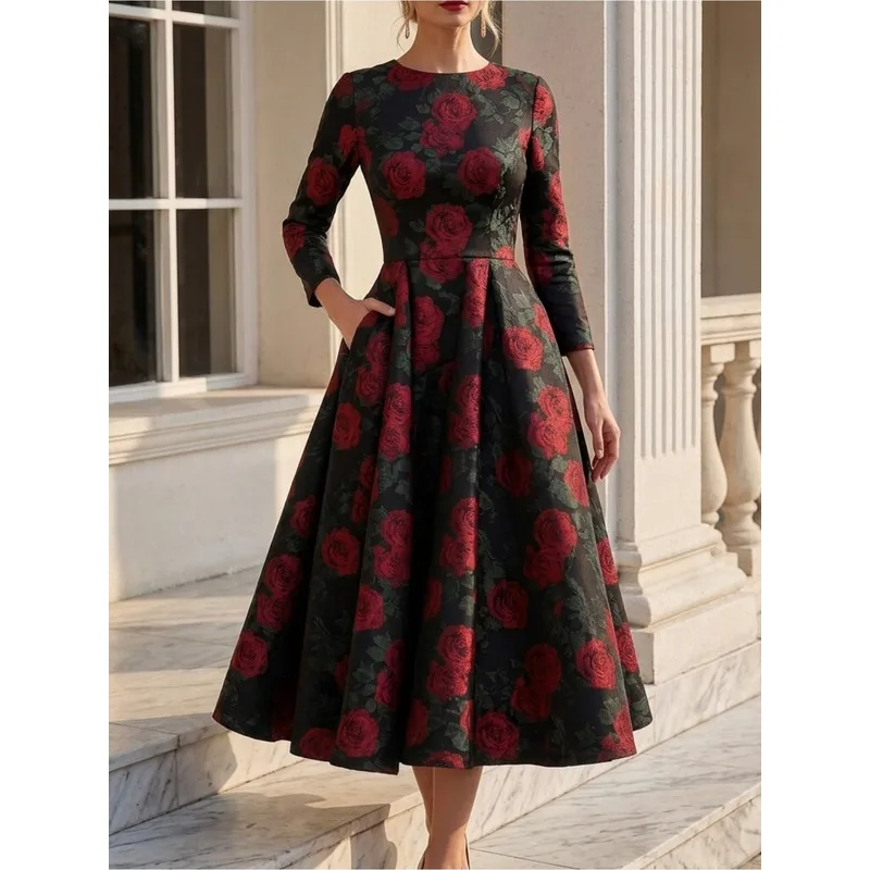 Round Neck Three Quarter Sleeve Women High Waist Flared Midi Skirt With Side Pockets Elegant Vintage Dress | Classic Retro