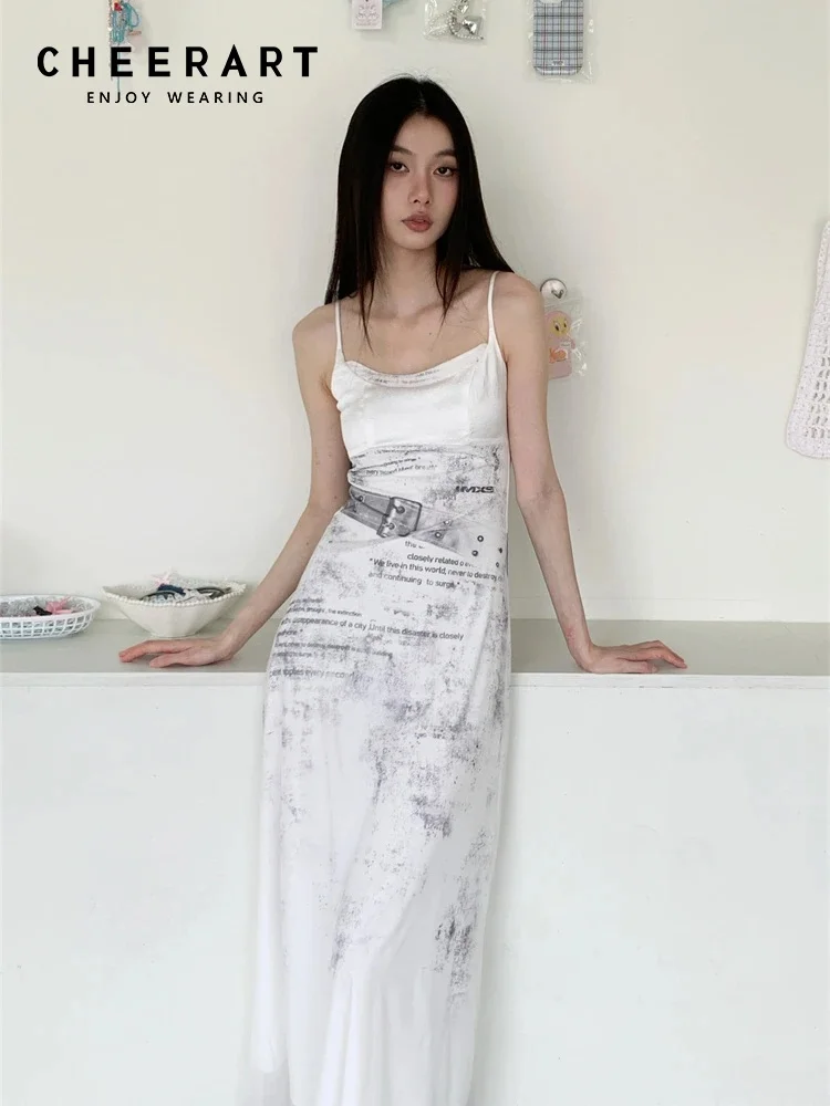 

CHEERART White Pattern Print Summer Slip Long Dress For Women 2024 A Line Mesh Sundress Designer Casual Midi Dress
