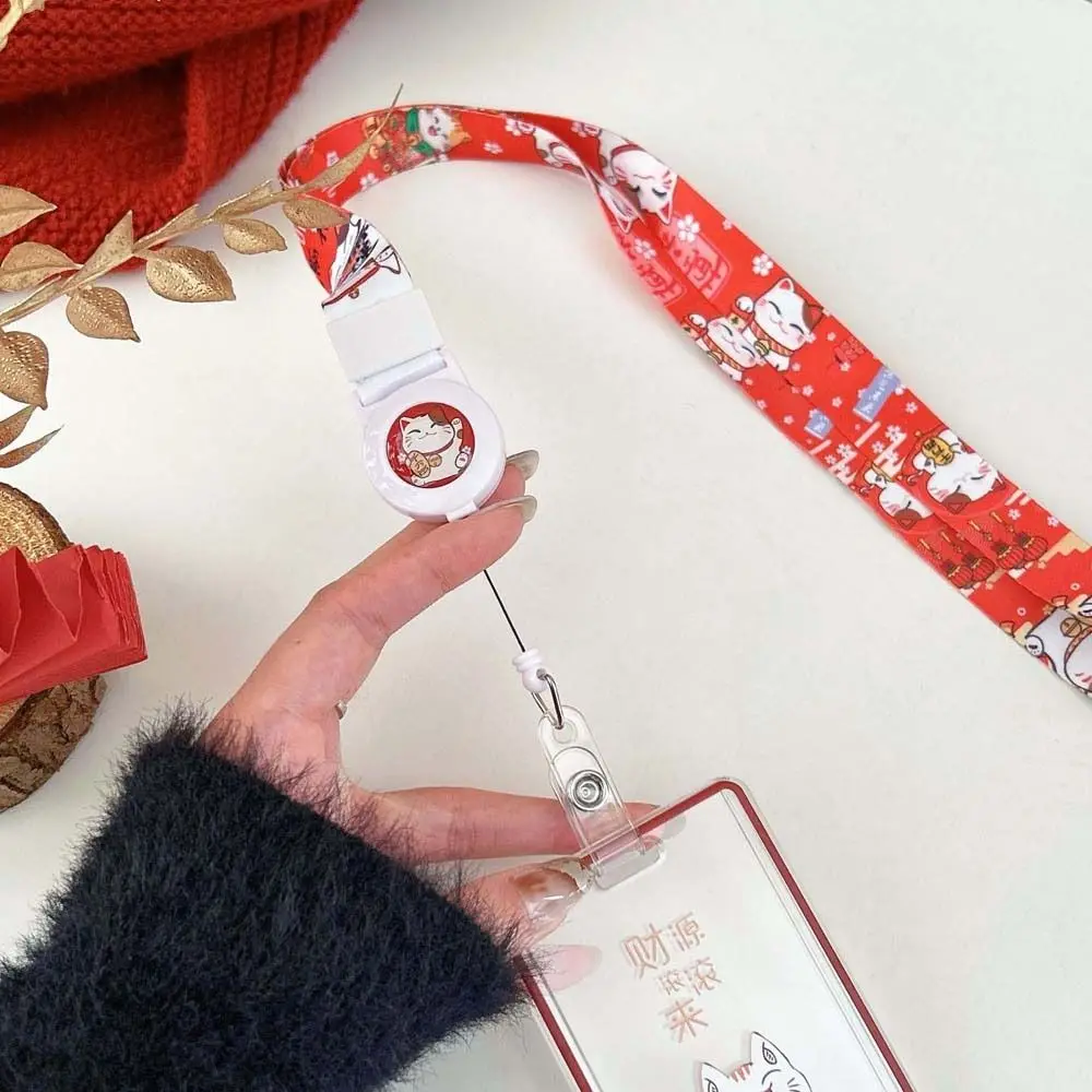 Long Rope Maneki Neko Card Holder Maneki Neko Japanese Lucky Cat Student Lucky Cat Card Cover Pendant Retractable Buckle