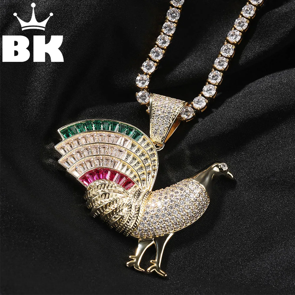 THE BLING KING Large Multi Color Baguette Stone Gallic Rooster Pendant Necklace For Men Zirconia Animal Fashion Hip Hop Jewelry