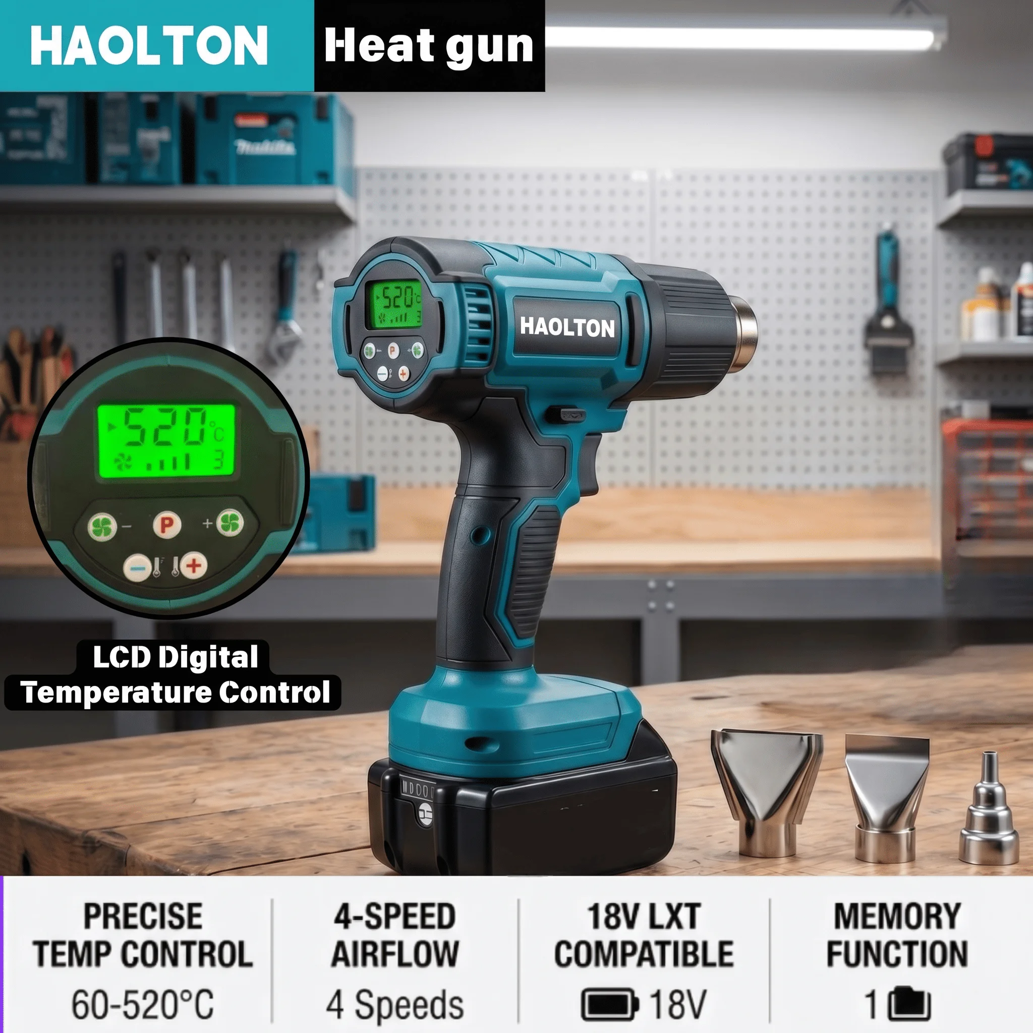 Pistolet thermique électrique sans fil HAOLTON, pistolet à air chaud portatif avec 3 buses, sèche-cheveux industriel et domestique pour batterie Makita 18V