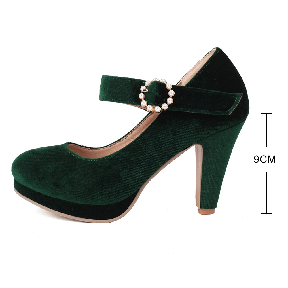 Women Velvet Mary Jane Shoes Block Heels Green Velour Thick Bottom Pumps Ladies Party Bride High Heel Luxury Femme Chaussure 44