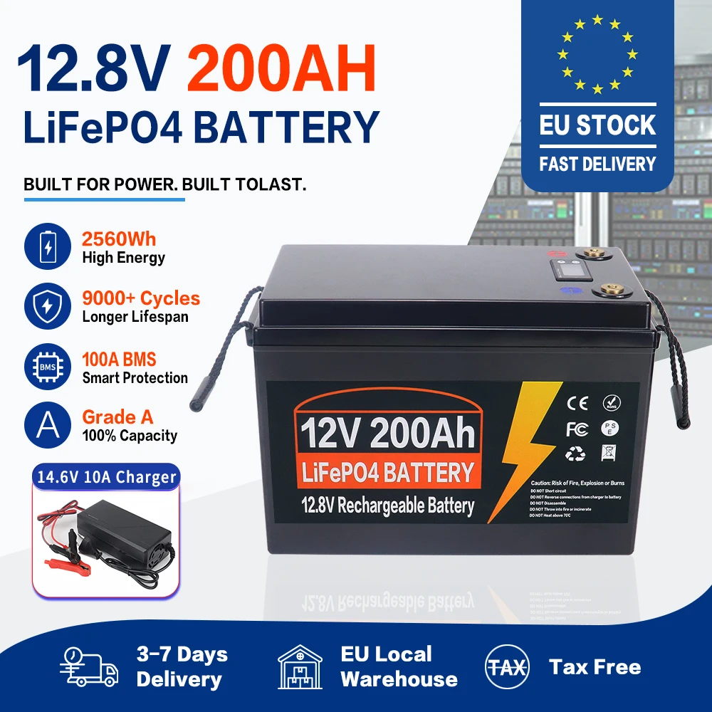 12V 200Ah LiFePO4-batterij, 100A BMS, 9000 cycli, perfecte vervanging voor loodzuurbatterijen in caravans, voor kampeertochten en voor gebruik op boten.