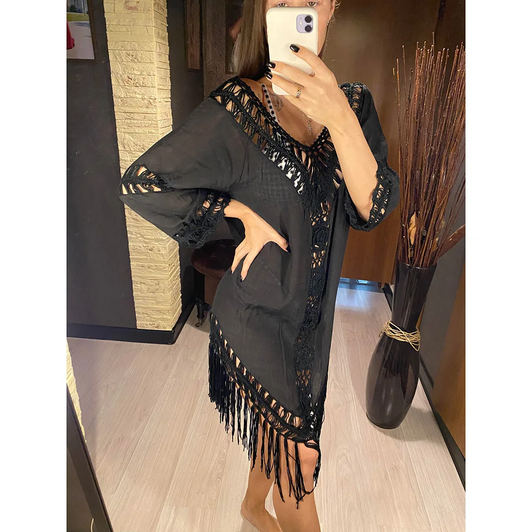Sexy rückenfreie, ausgeschnittene Tunika mit Fransen, Strandkleid, Strandmode, Damen V2650 – Detail 5