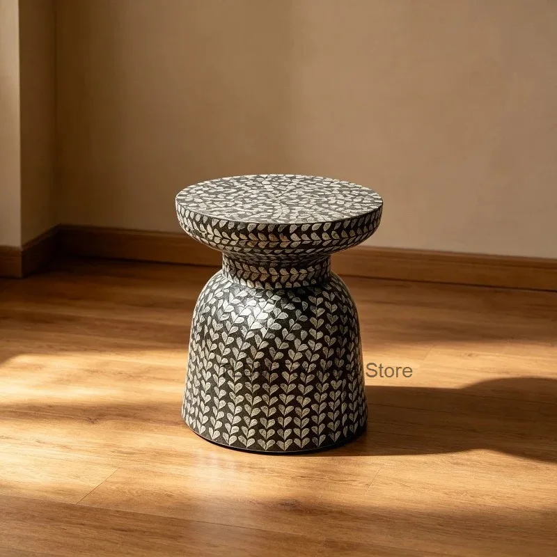 Decorative Mosaic Side Table, Handcrafted Round Accent Stool, Hourglass Shape End Table, Artistic Home Decor for Living Room