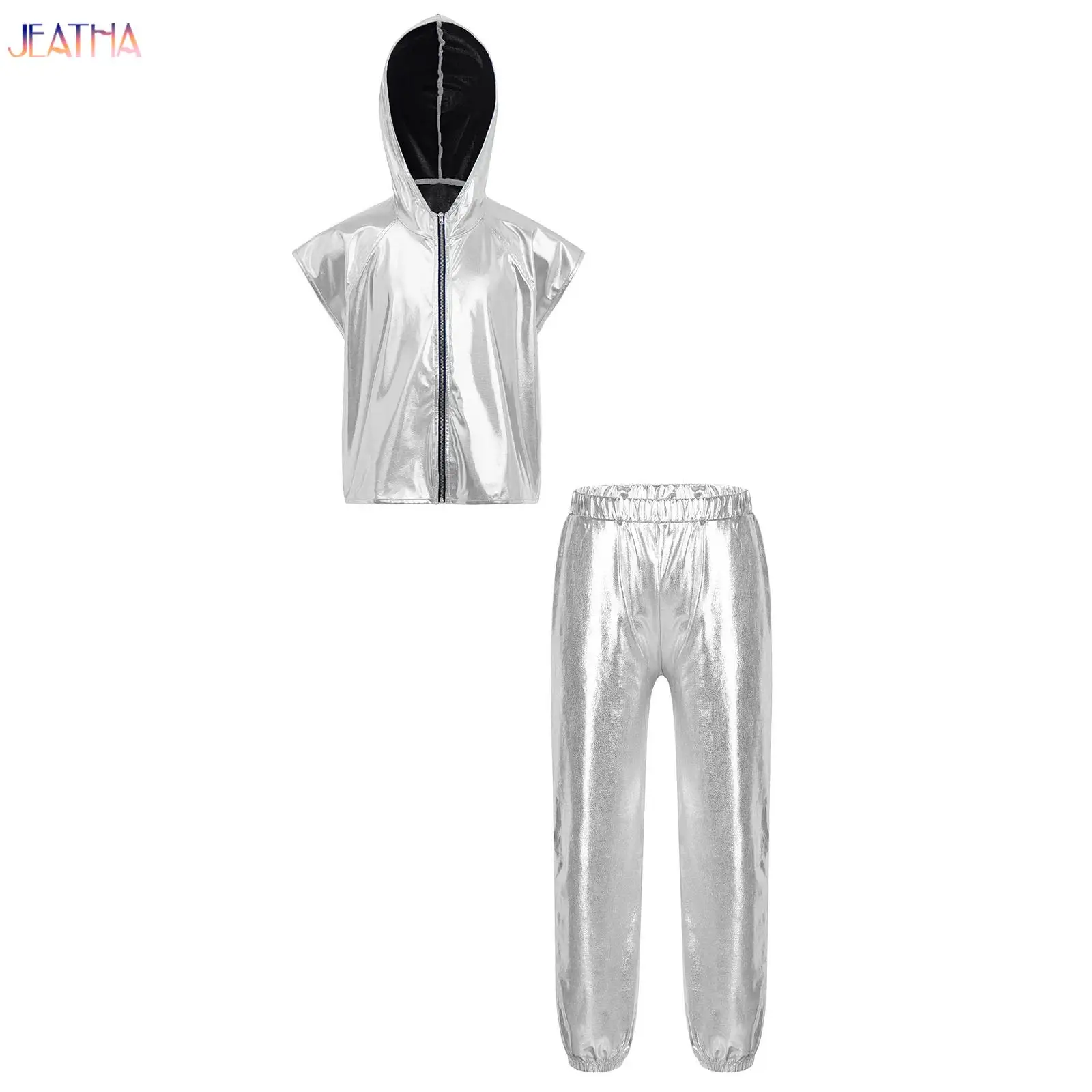 

Shiny Space Suit Cosplay Astronaut Costume for Kids Girls Jazz Hip Hop Modern Dance Performance Outfit Hooded vest with Pats