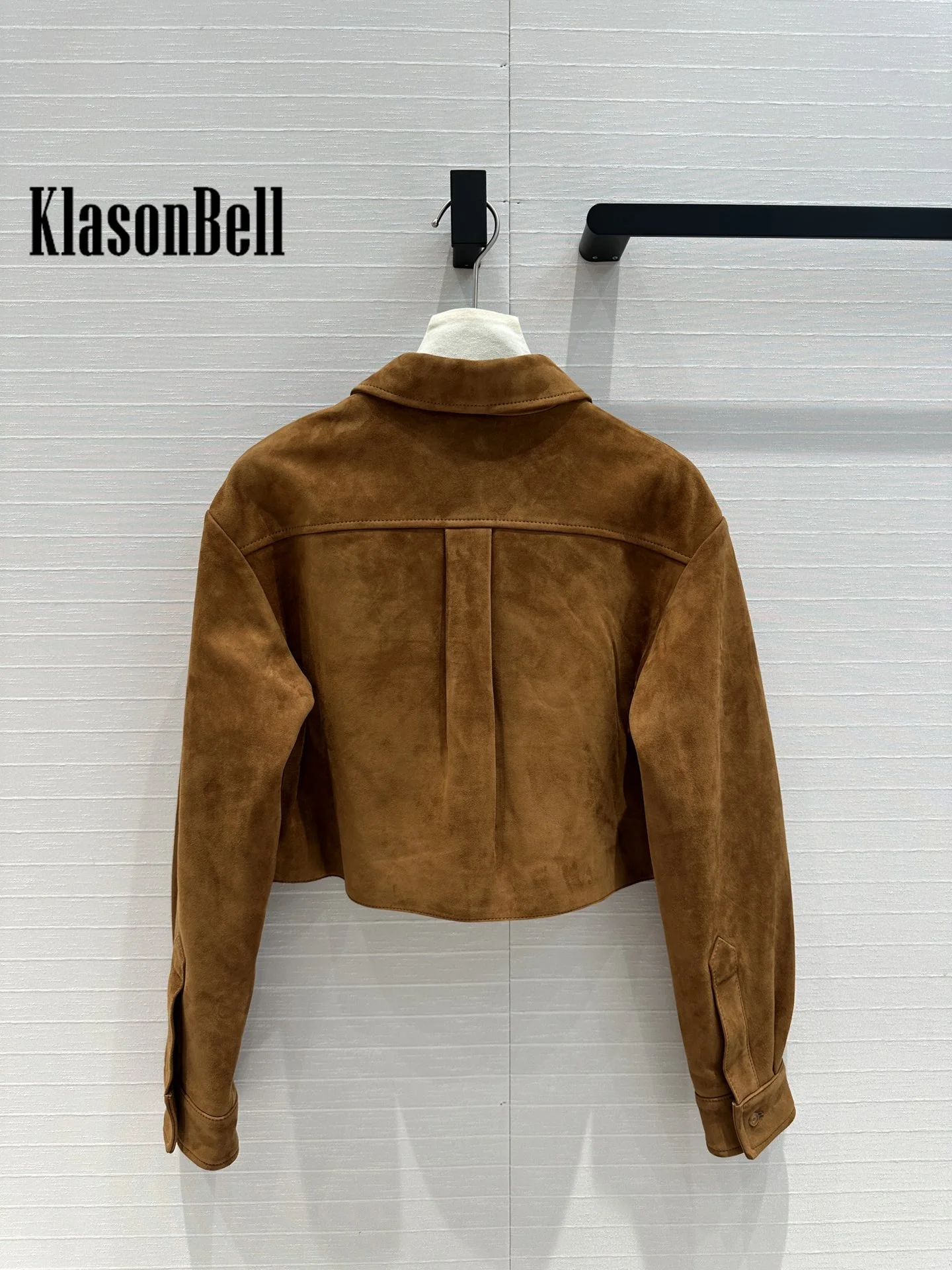 7.11 KlasonBell Women\'s Fashion Letter Embroidery Turn-down Collar Cow Suede Jacket 100% Sheepskin Short Outerwear