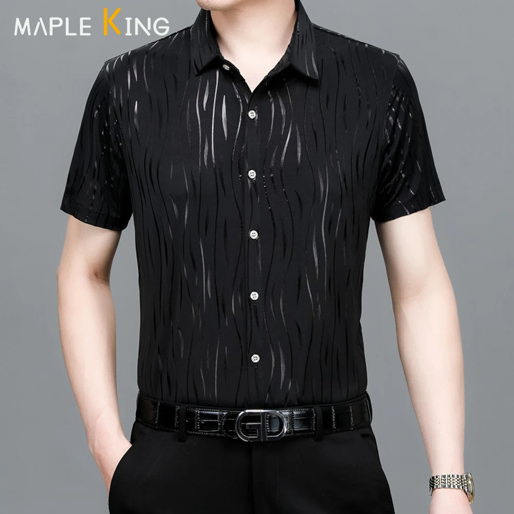 

Vinatge Men's Black Wavy Stripes Shirts Summer Bronzing Print Steampunk Hombre Blouses Luxury Mens Business Shirt Chemise Tops