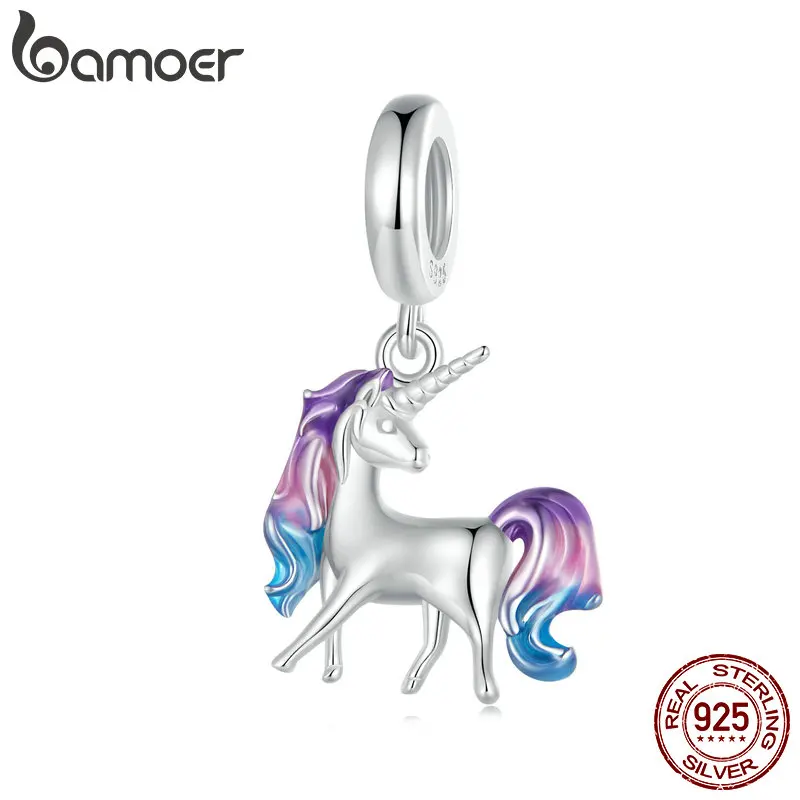 Bamoer 925 Sterling Silver Cute Unicorn Pendant Colorful Enamel Process Charm for Women Girls Original Design Fine Jewelry