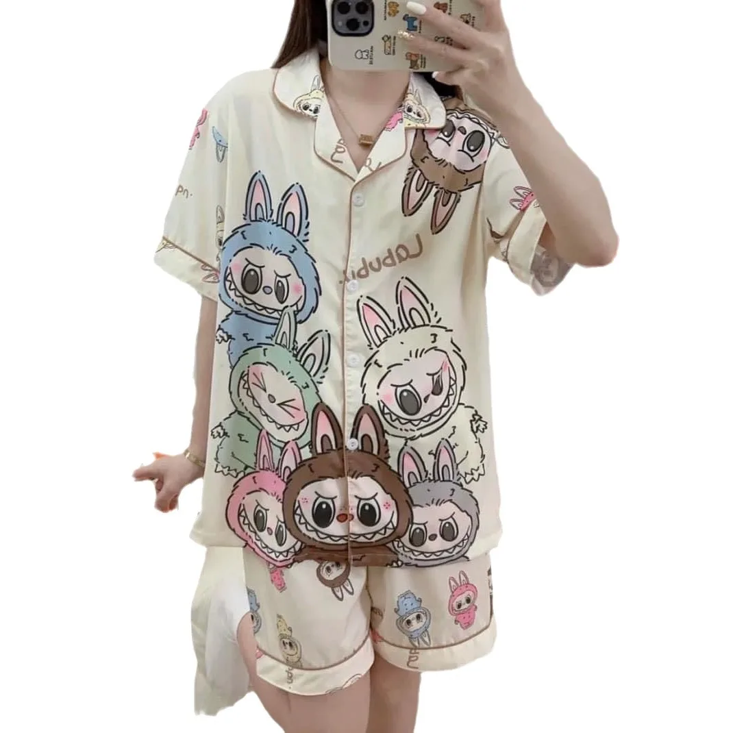 Labubu Pajama Women's Spring and Autumn Long Sleeve Suit High Sense Cartoon Fun Cardigan Home Service Women