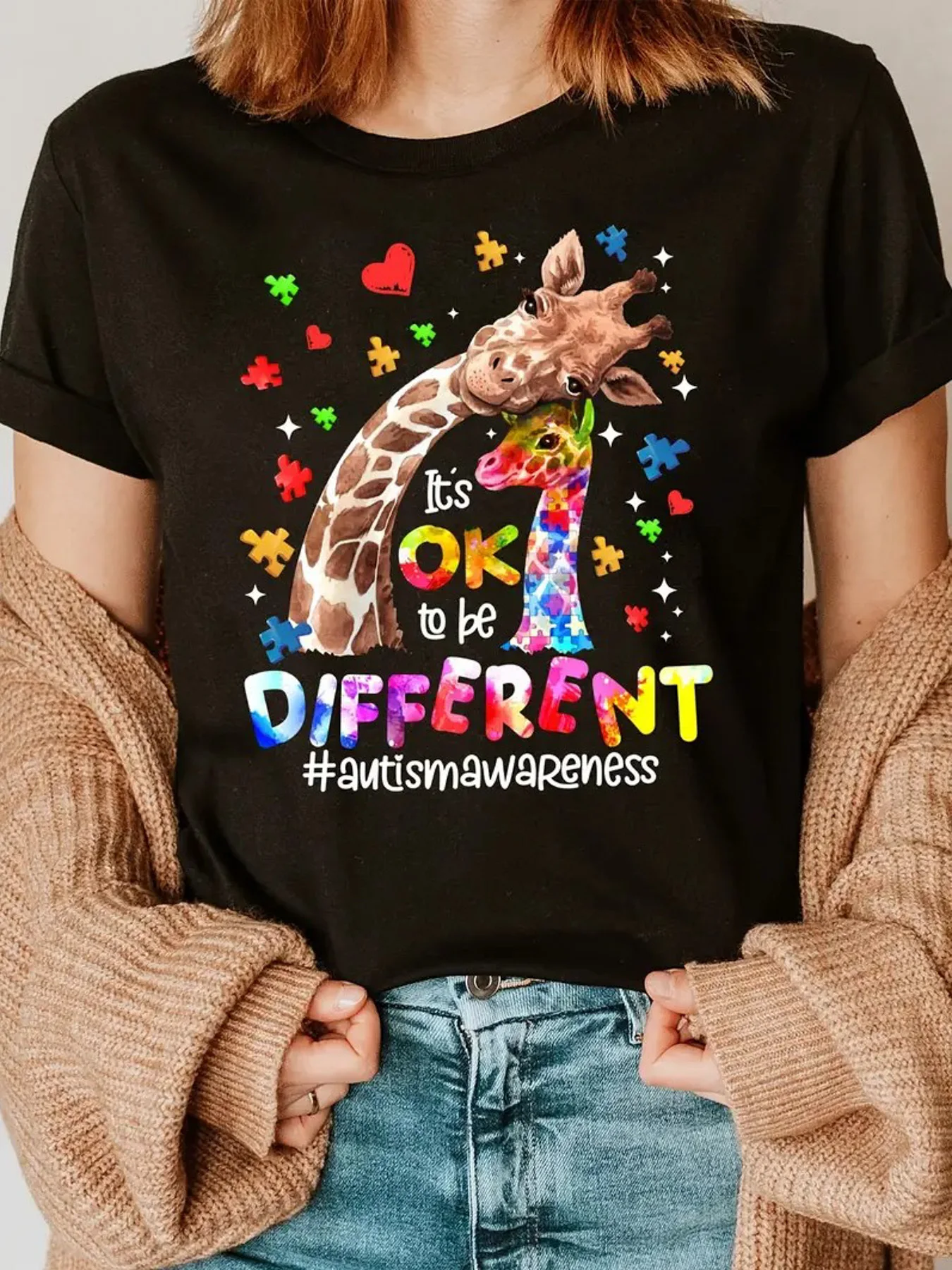1pc, Autism Awareness Giraffe Printed Round Neck T-shirt, Four Seasons Short Sleeve Casual Top, Fashion Top - Interesting