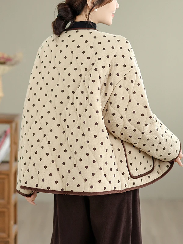 Retro Sle Dames Winter Katoen Jaet Ronde Ne Polka Dot Veelzijdige Jas Koreaanse Sle Pendelen Rechte Buis Lange Sve