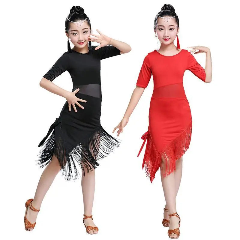 1 teile/los Kind Mädchen Latin Dance Kleid Fringe Latin Dance Kleidung Salsa Kostüm Schwarz Rot Ballsaal Tango Kleider