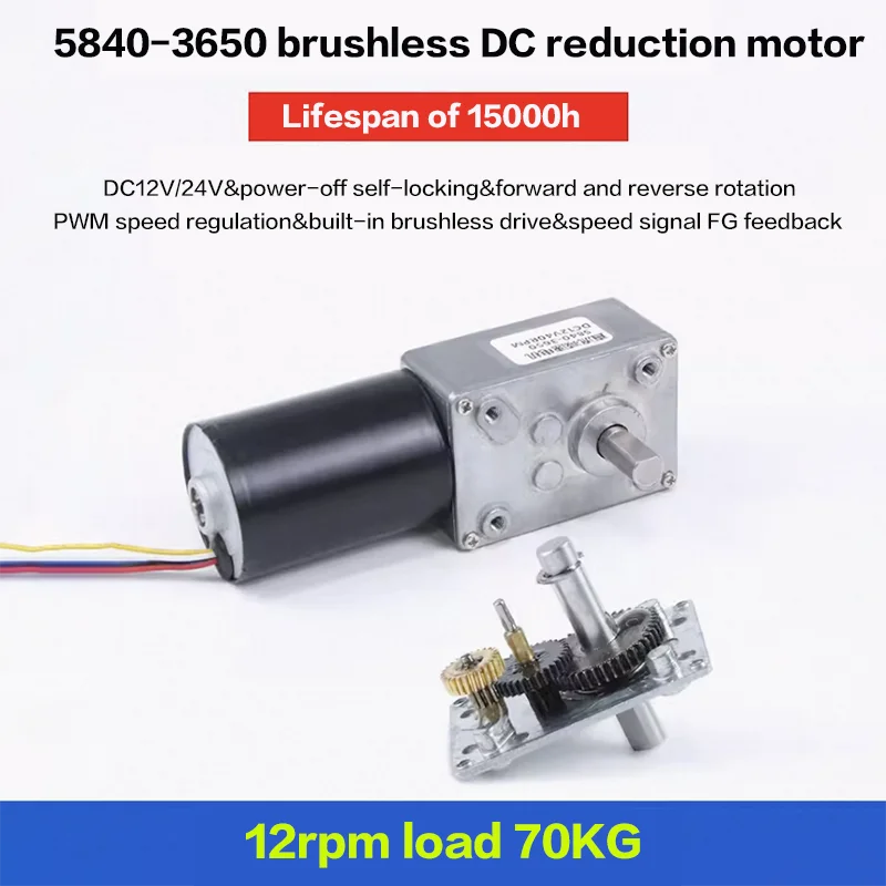 70KG 5840-3650 Brushless DC Reduction Motor 12V24V Worm Gear Micro PWM Speed Control FG Signal Feedback for Forward and Reverse