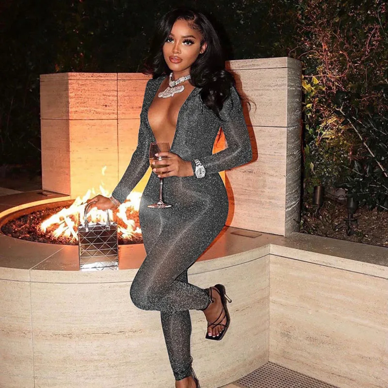 

One Piece Overalls For Women Fall Long Deep V Neck Woman Jumpsuits Elegant Baddie Streetwear Night Club Outfits Female Jumpsuit