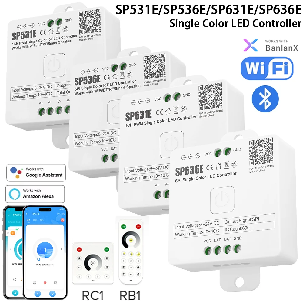 

Контроллер для одноцветных светодиодных лент DC5V 12V 24V SP531E SP536E SP631E SP636E с Bluetooth и Wi-Fi, 2.4G пульт дистанционного управления