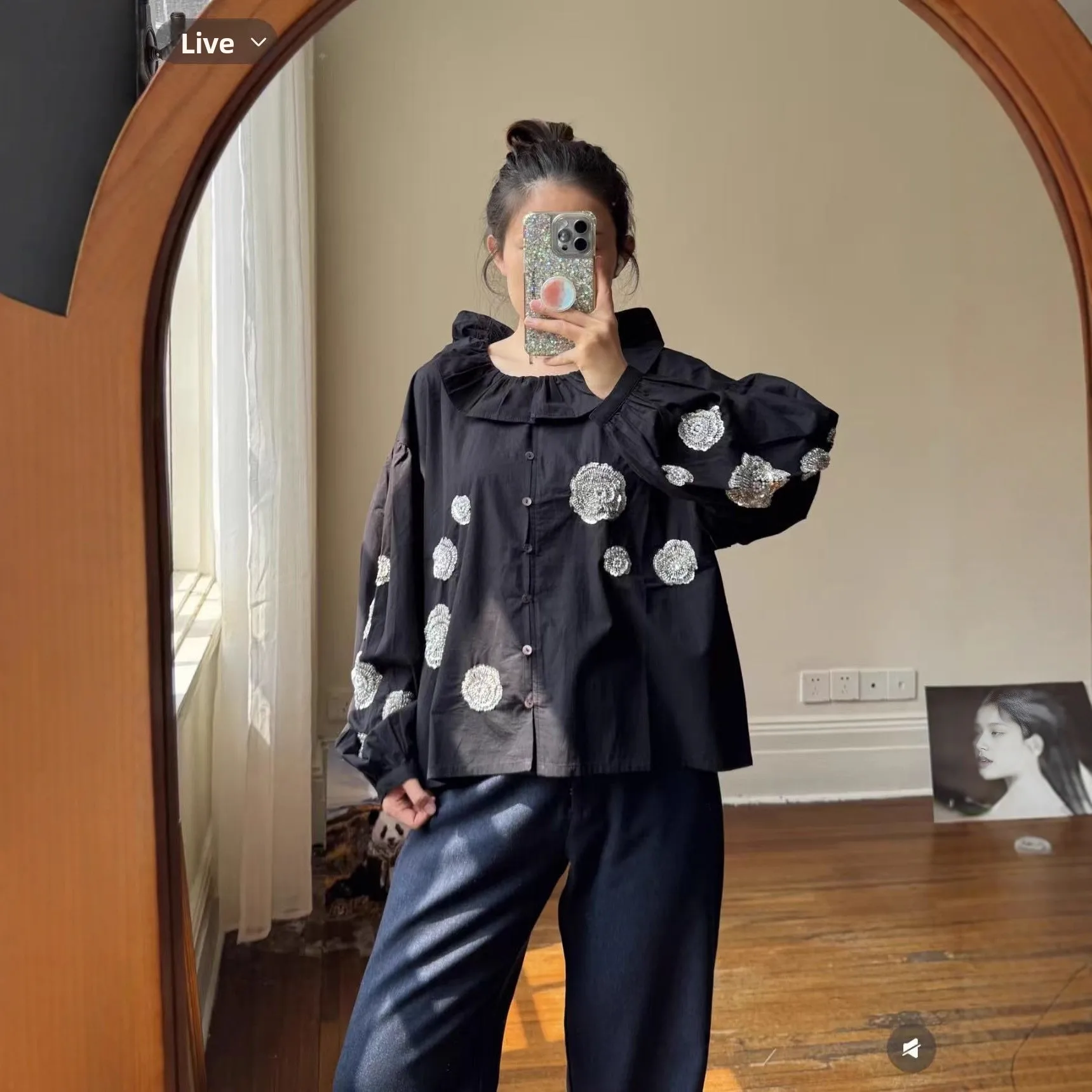 

Retro Style Black Cotton Shirt with Beaded Embroidery Heavy Work Lantern Sleeves Loose Fit Women's Fashion Autumn Collection