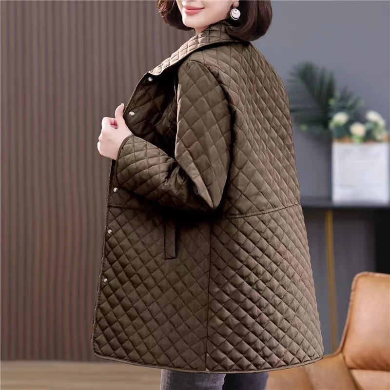 Women\'s Spring Autumn New Casual Light Thin Small Cotton Coat High End Diamond Plaid Cotton Jacket 6XL Female Leisure Outwear