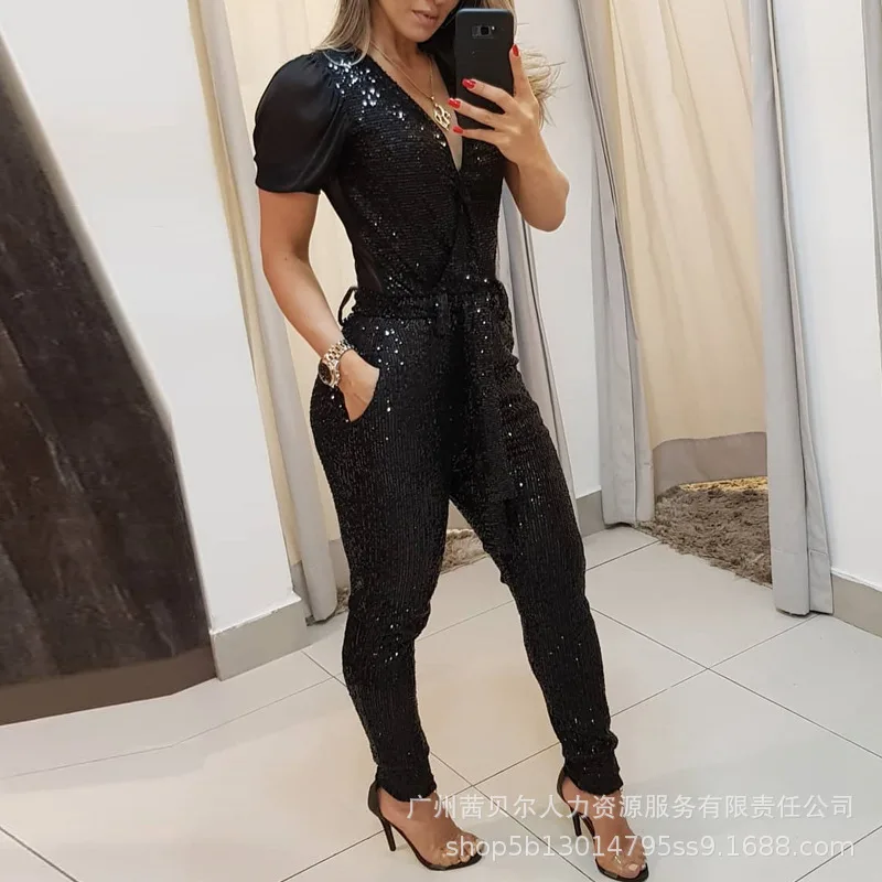 

Temperament Women's Rompers 2023 Black Short Sleeve Deep V Sequin Jumpsuit for Women