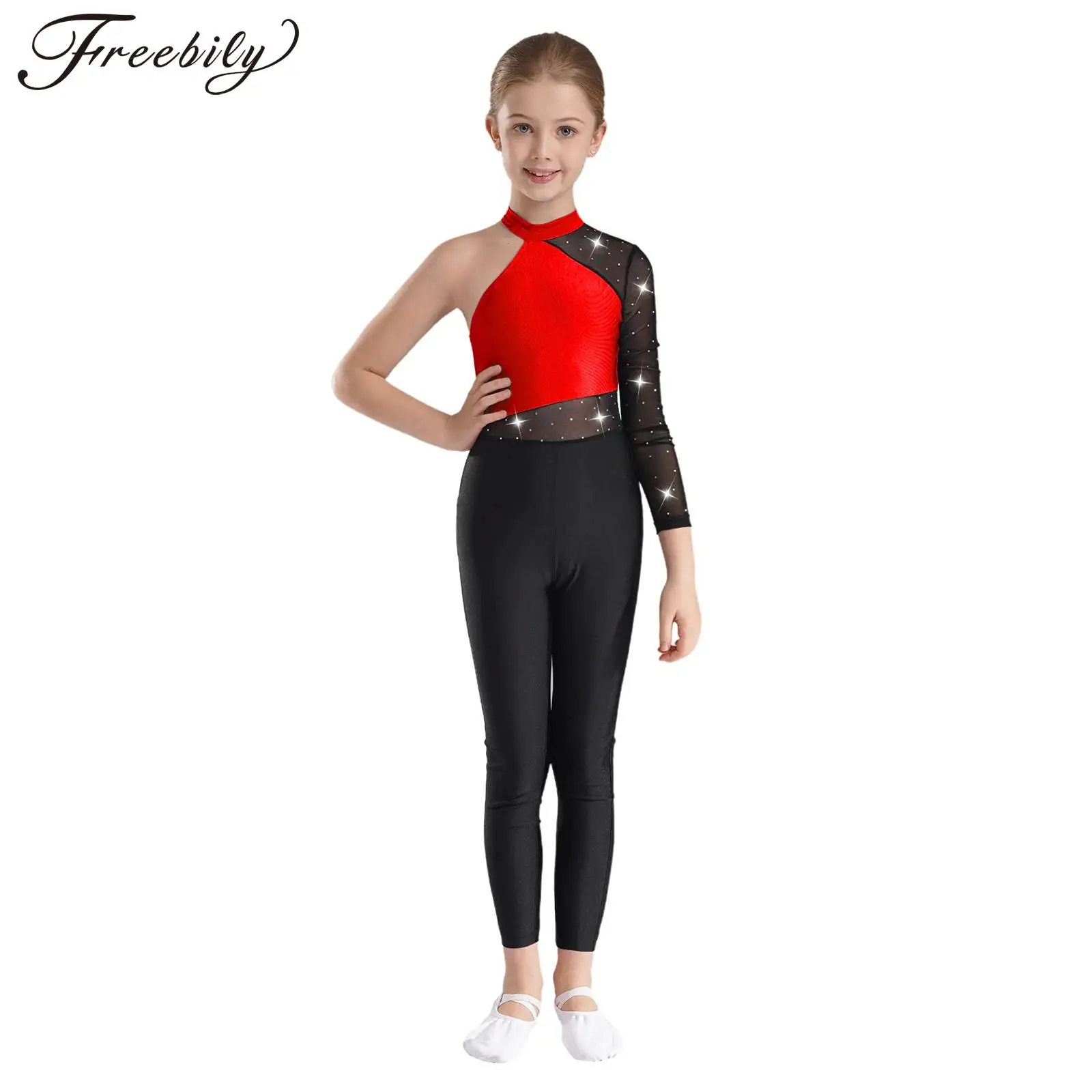 

Kids Girls Ballet Gymnastics Jumpsuit One Shoulder Yoga Bodysuit Sheer Mesh Long Sleeve Figure Skating Leotards Dance Costume