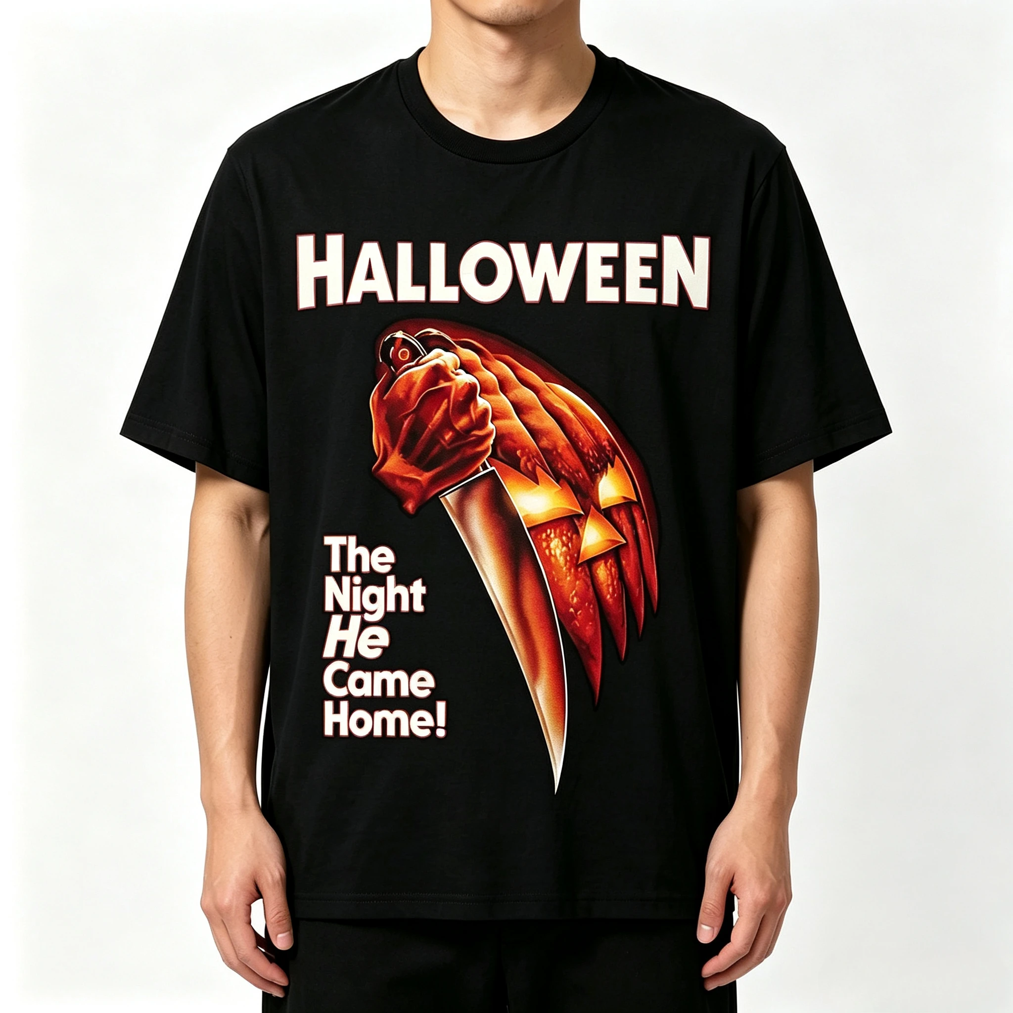 Halloween Horror T Shirt Men Simple Modal Short Sleeve Tee Vintage The Night He Came Home Graphic Tshirt Casual  Party Tops