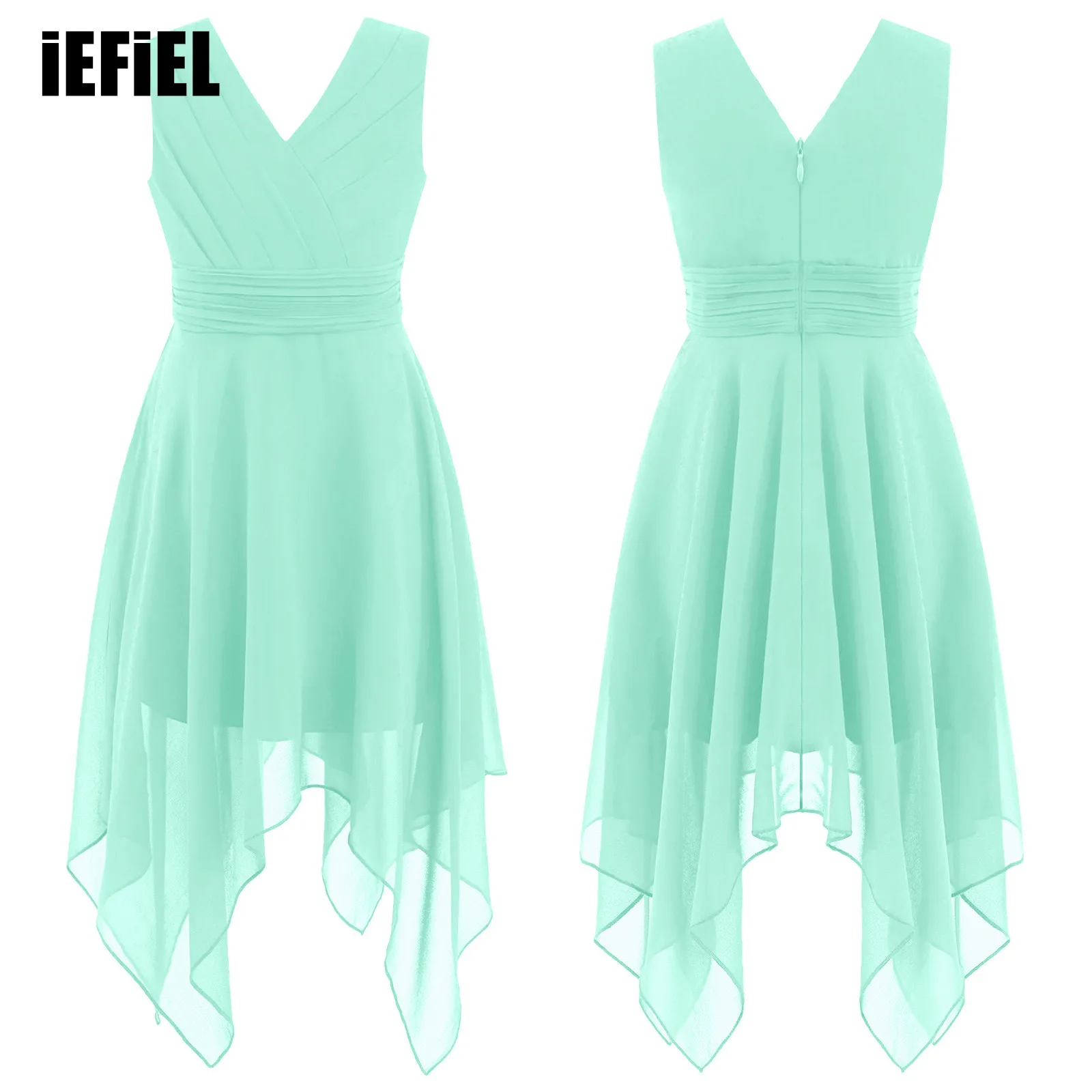 

Kids Girls Chiffon Party Dress V Neck Sleeveless Asymmetric Hem Flowing Solid Pleated Waist Dress for Performance