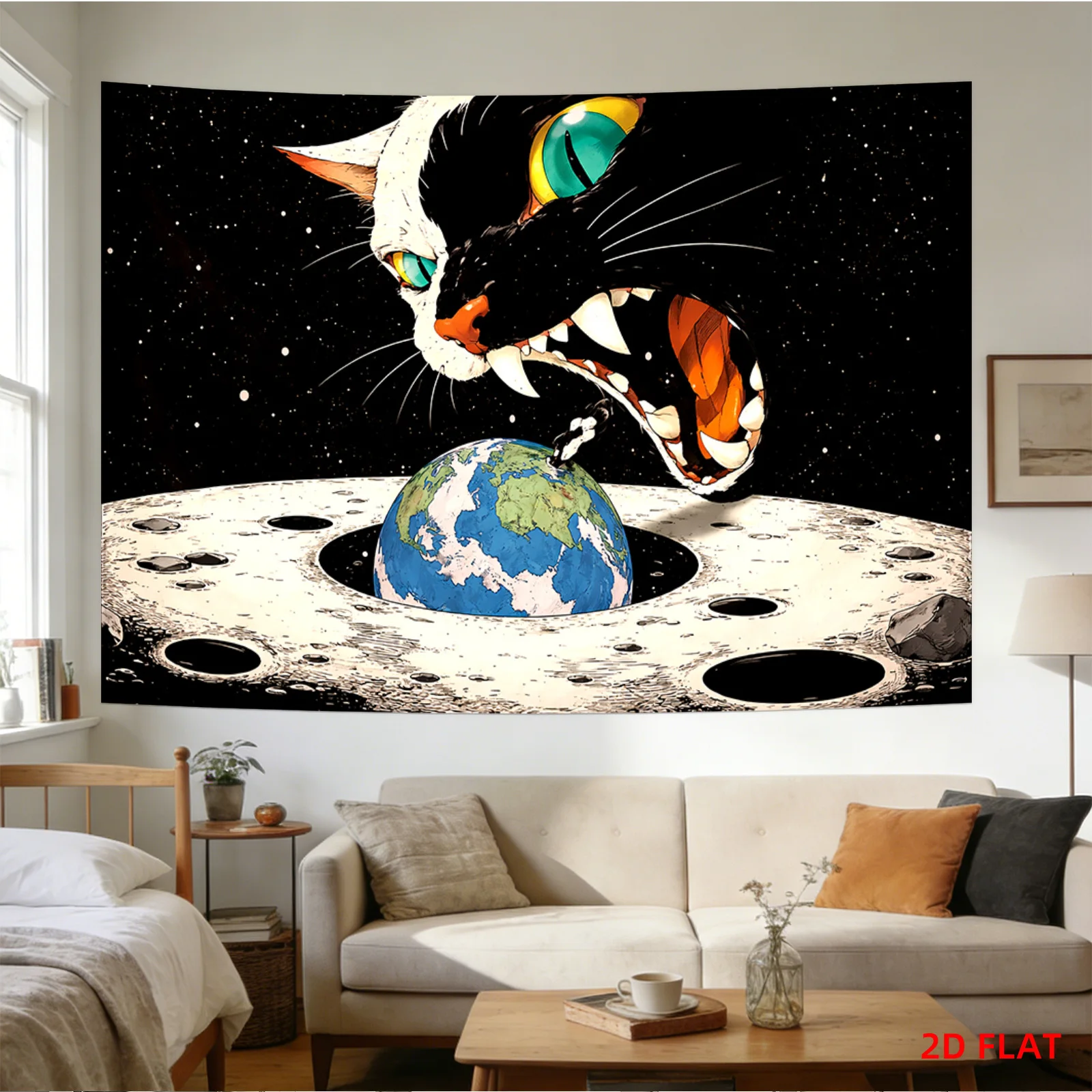 Cosmic Cat Tapestry with Earth on Moon Surface and Starry Space Background 180x280cm Wall Decor