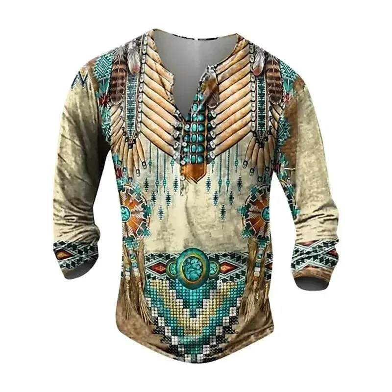 Indian Ethnic Style Henley Shirts 3D Print Shirt For Men Vintage Men\'s Clothing Button-Down Men\'s Casual Long Sleeve Shirts