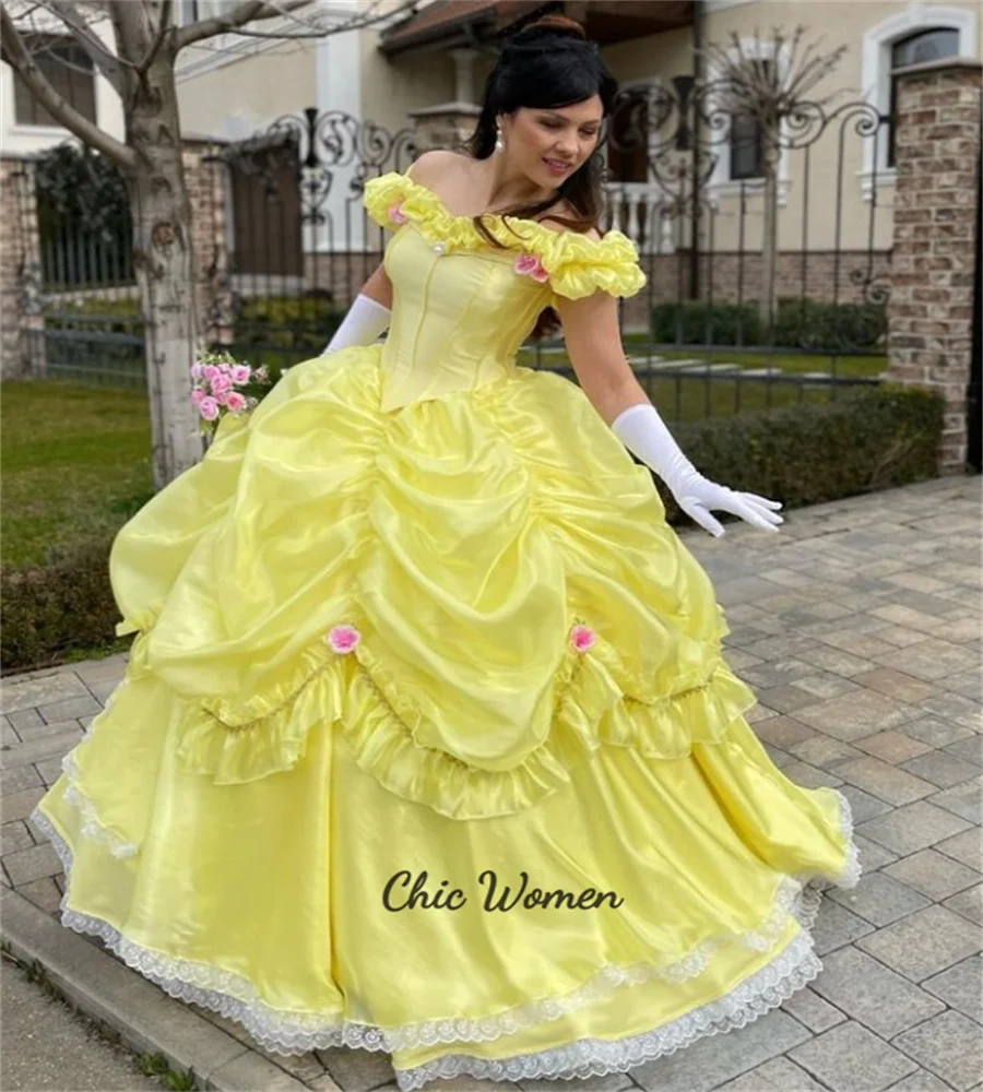 Vestidos de quinceañera amarillos de hadas, vestido de baile con hombros descubiertos, baile victoriano renacentista con flores, dulce 15 mexicano Xv personalizado