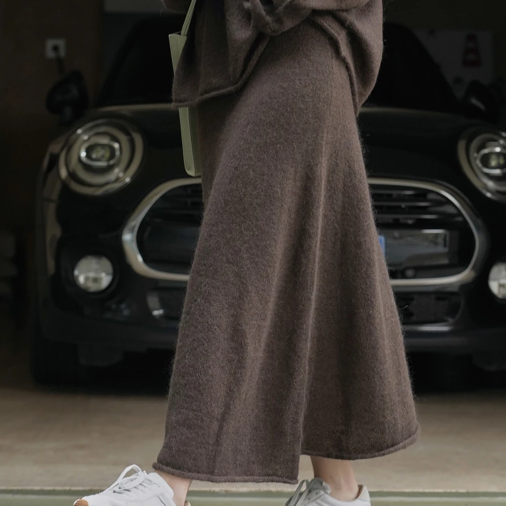 50% Wool 30% Mohair Knit Women Autumn Skirts Loose Clothes High Waist Women A-Line Long Skirts  Faldas Femme Streetwear