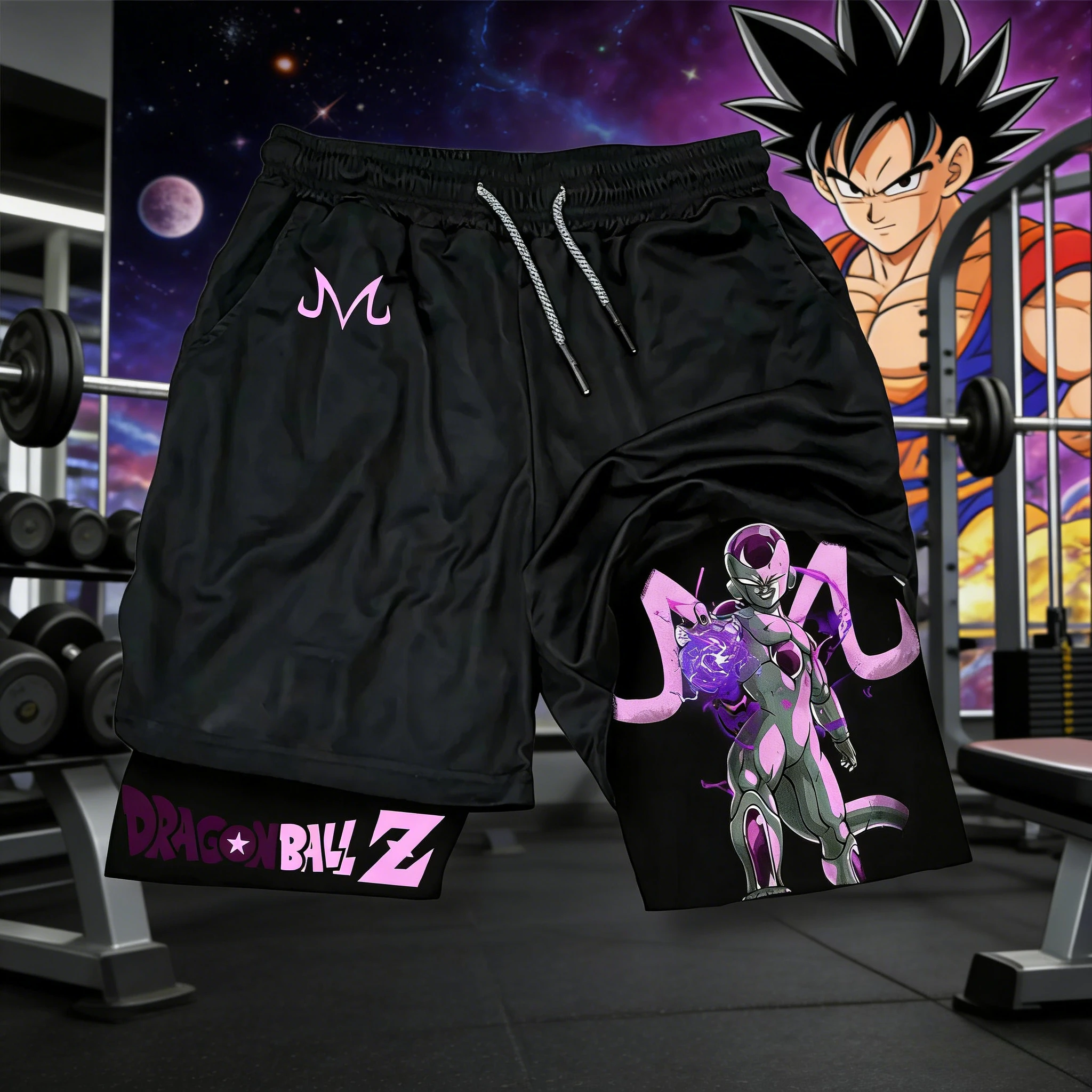 2026 Sommer Dragon Ball Doppellagige Herren-Workout-Shorts, Frieza-Print Schnelltrocknende Athletische Outdoor-Laufshorts Übergroße Y2k-Shorts