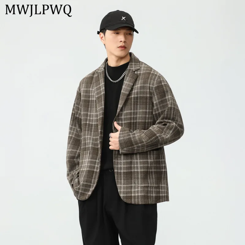 

MWJLPWQ Американский стиль, клетчатая повседневная мужская шерстяная куртка, осень-весна 2025, свободный ретро-осенний модный винтажный костюм, пальто 11321