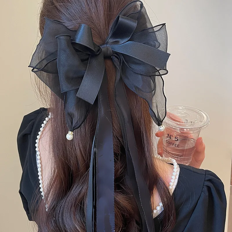 Fashion Chiffon Bow Hair Clip Women Big Elegant Hairpin Barrettes Girls Solid Color Ponytail Clip Hair Accessories Headwear Gift