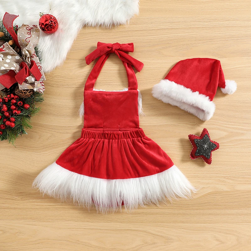 Baby\'s Clothes Girls Christmas Romper Dress Sequins White Plush Trim Patchwork Halterneck Sleeveless Tutu Jumpsuits with Hat