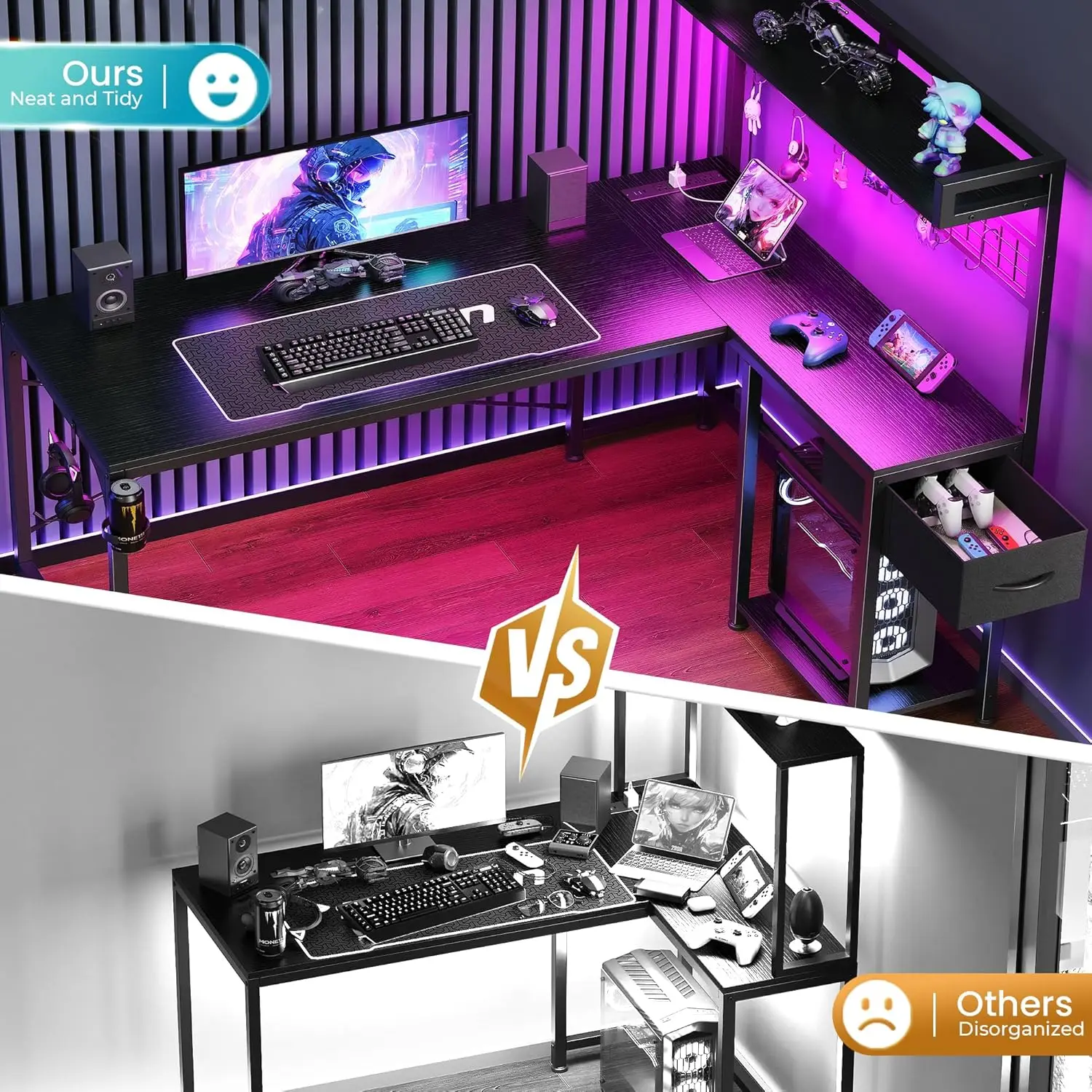 L Shaped Gaming Desk with Shelves, Corner Computer Table with LED Lights, Power Outlets and USB-C Ports, 50 Inch Reversible Home