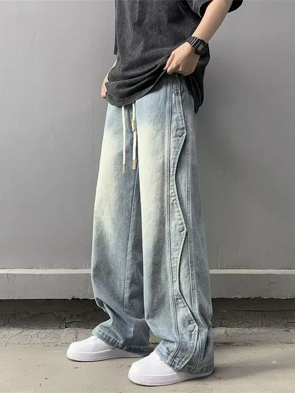 

Мужские джинсы American Sle свободного кроя с широкими штанинами, рваные, в уличном стиле, с пуговицами и декоративными вставками, длинные брюки