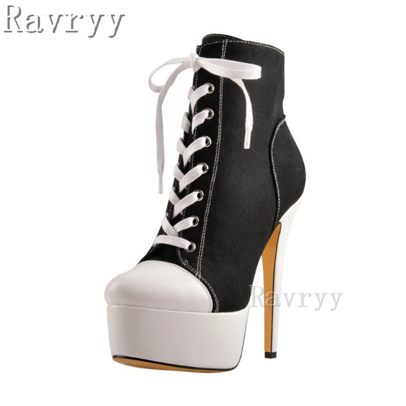 

Round Toe Denim Short Boots Waterproof Platform Lace Up Super High Thin Heel Ankle Boots Fashion Spring Women Shoes