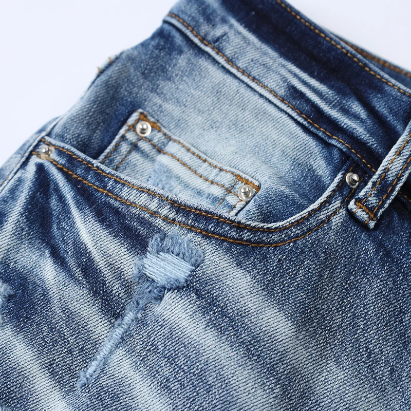 Y2k High Street แฟชั่นกางเกงยีนส์ใหม่ทาสีพับ Patchwork ล้าง Nostalgic ยืด SLIM FIT Light Blue ทาสีพับ Jean