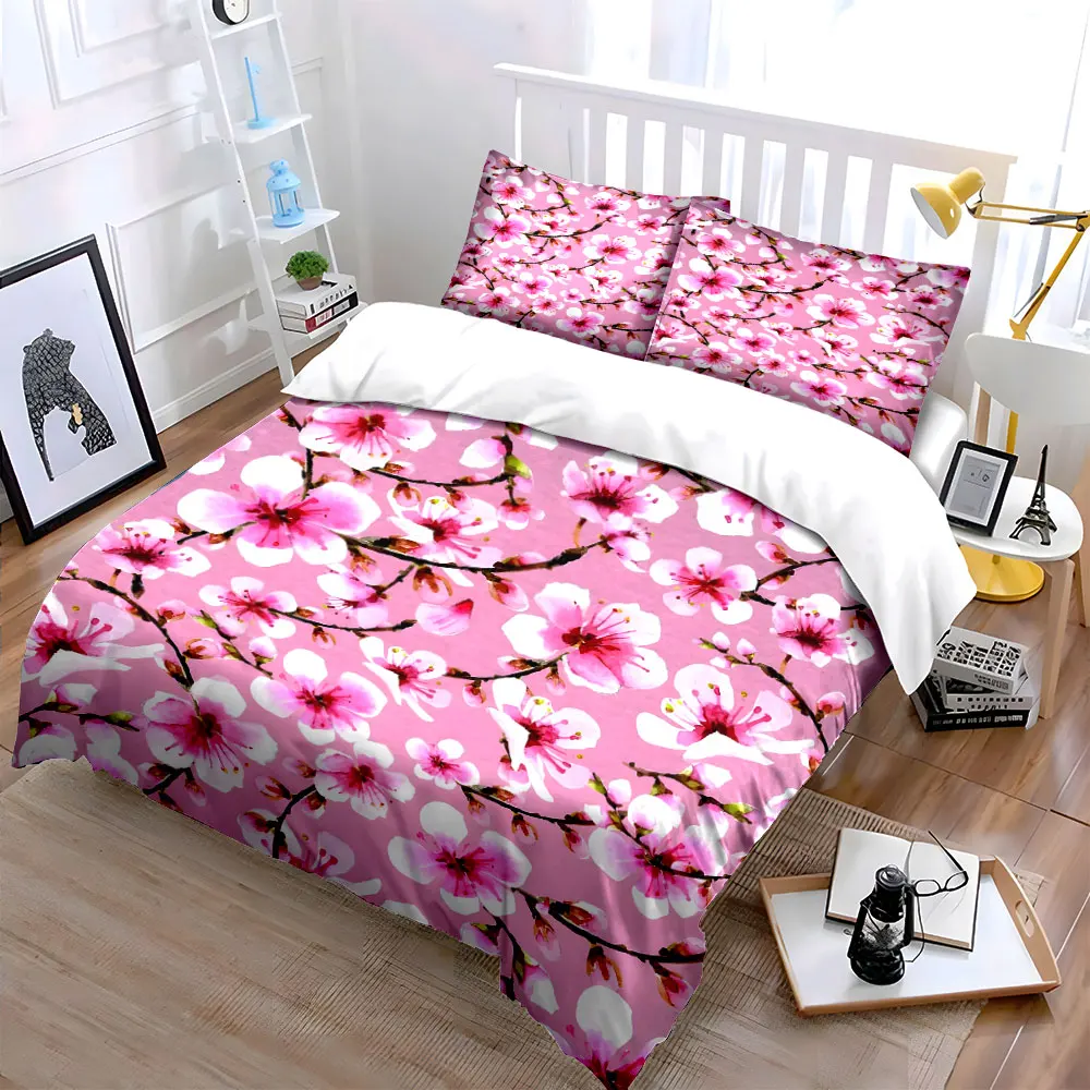 Blooming Sakura on Pink Background Pattern Duvet Cover Set Digital Print Colorful Polyester Bedding with Zipper Closur for gifts