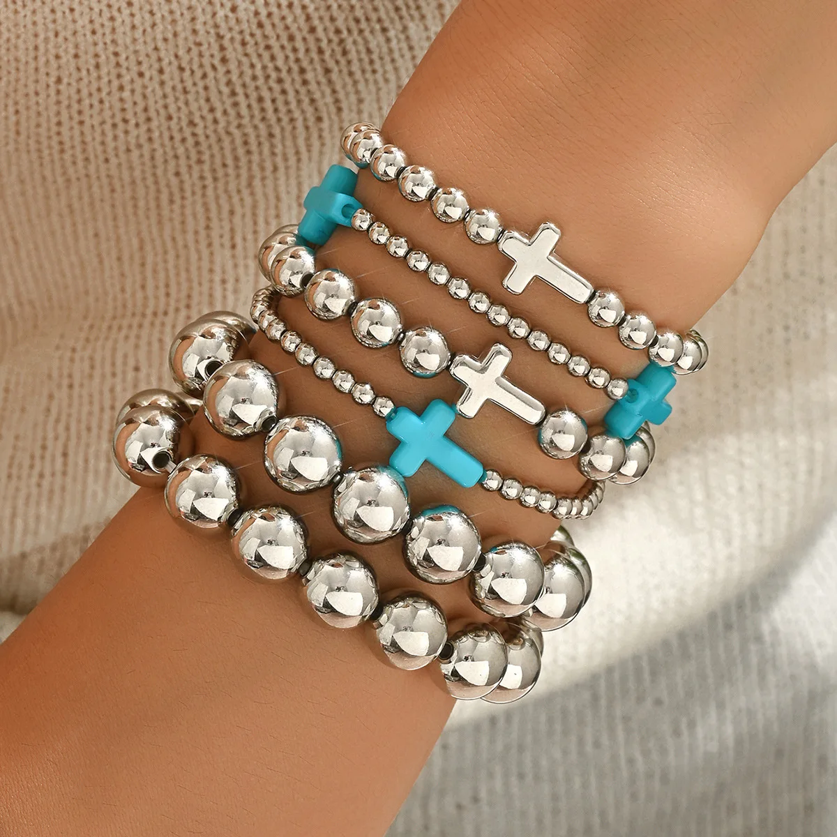 Silver Beaded Bracelet Set - 6 Pack Bohemian Jewelry, Minimalist Cross Charm, Trendy Layered Wristbands for Women, Unisex Gift