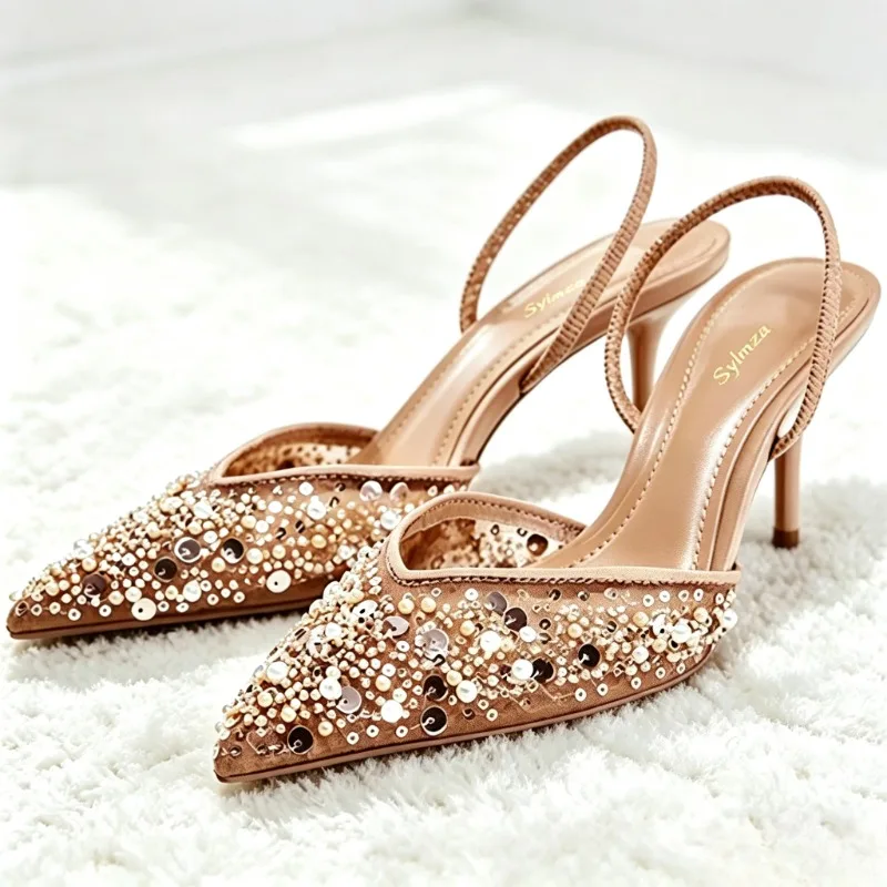 Sandalias de tacón con malla de cuentas brillantes y transpirables para mujer, elegantes y sexys, con punta en pico, de diseñador de lujo, tipo slingback, tacones altos.