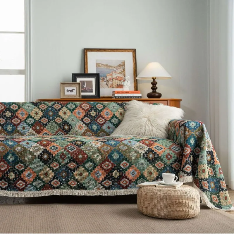 

Retro Festive Festival Thick Sofa Cover Anti-cat Scratch Jacquard Rhombus Colored Sofa Towel Pet-friendly Living Room