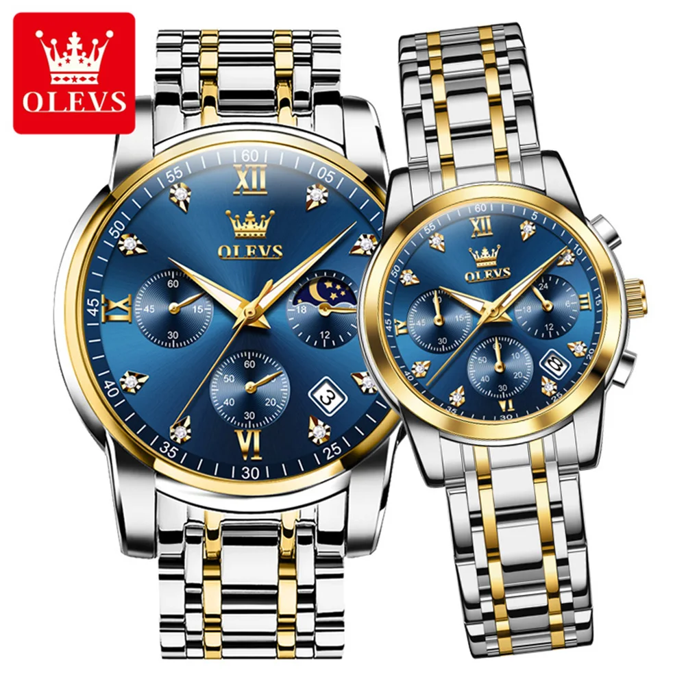 

OLEVS Элитный бренд Кварцевые часы для пар Водонепроницаемые часы из нержавеющей стали Подарок для влюбленных Классический светящийся хронограф Его или ее часы